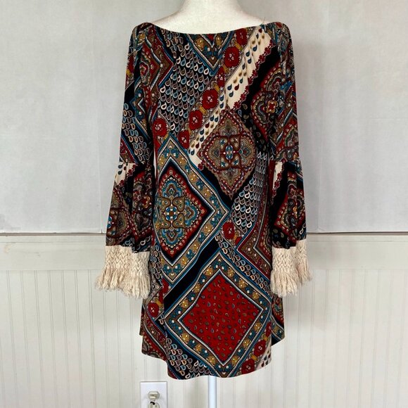 Vintage Paisley Mini Dress with Crocheted Trim Sz M - Picture 6 of 13